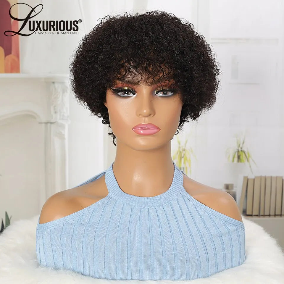 Brazilian Curly Human Hair Wigs With Bang Short Pixie Cut Bob Wig 150% Density Full Machine