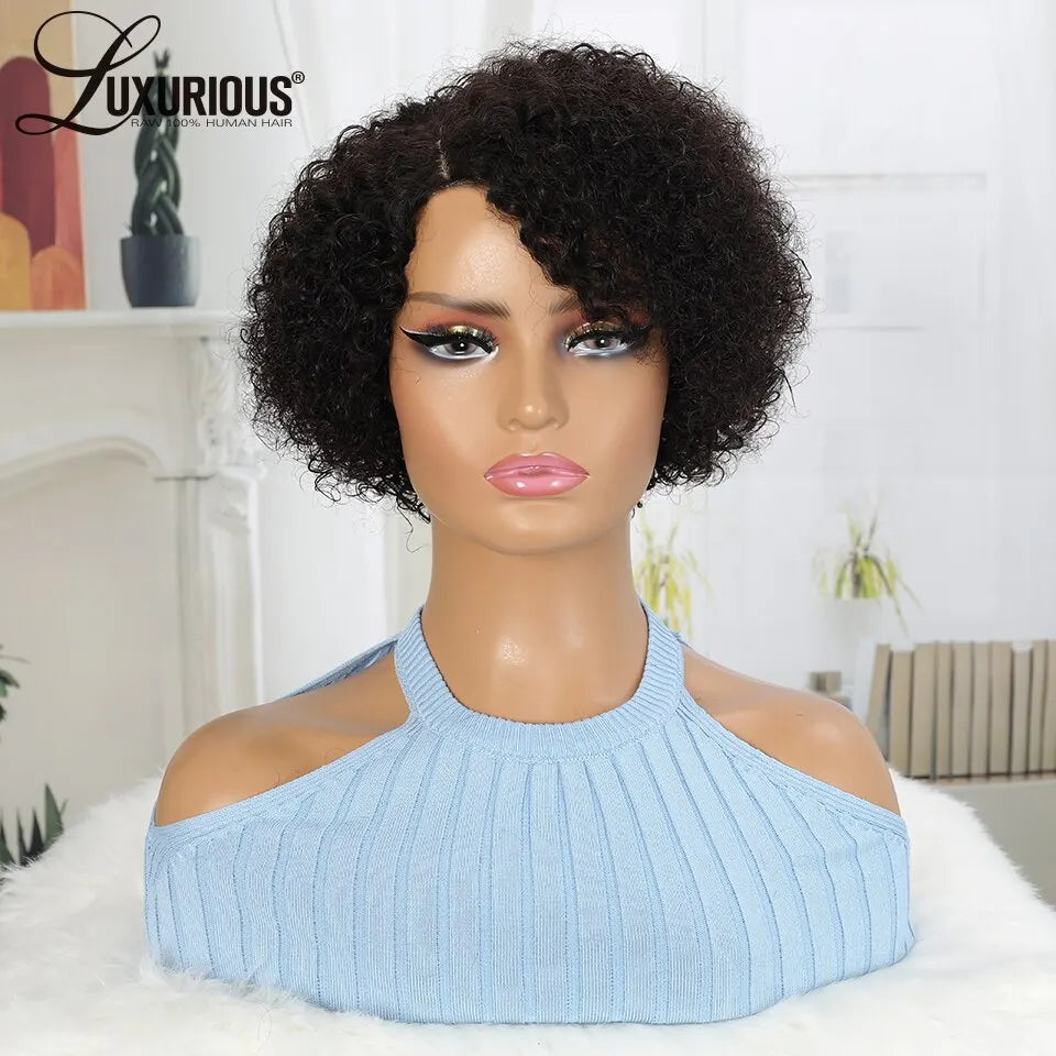 Brazilian Curly Human Hair Wigs With Bang Short Pixie Cut Bob Wig 150% Density Full Machine