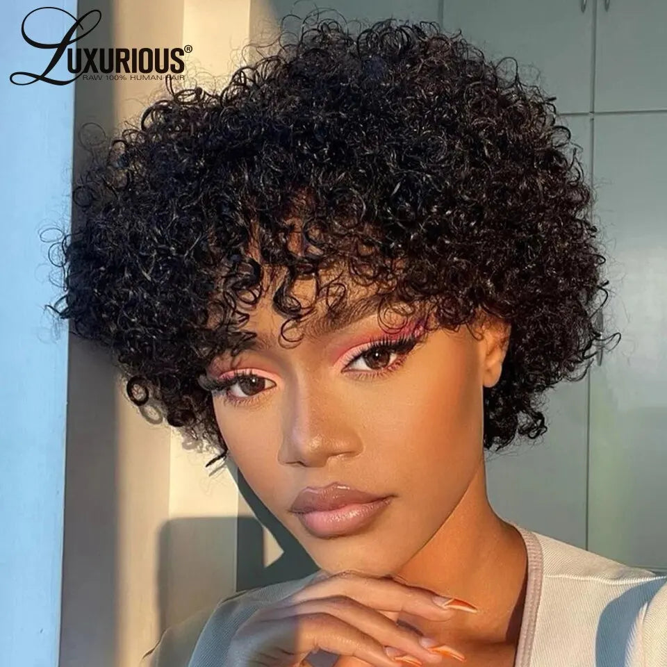 Brazilian Curly Human Hair Wigs With Bang Short Pixie Cut Bob Wig 150% Density Full Machine