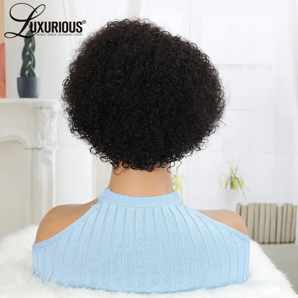 Brazilian Curly Human Hair Wigs With Bang Short Pixie Cut Bob Wig 150% Density Full Machine